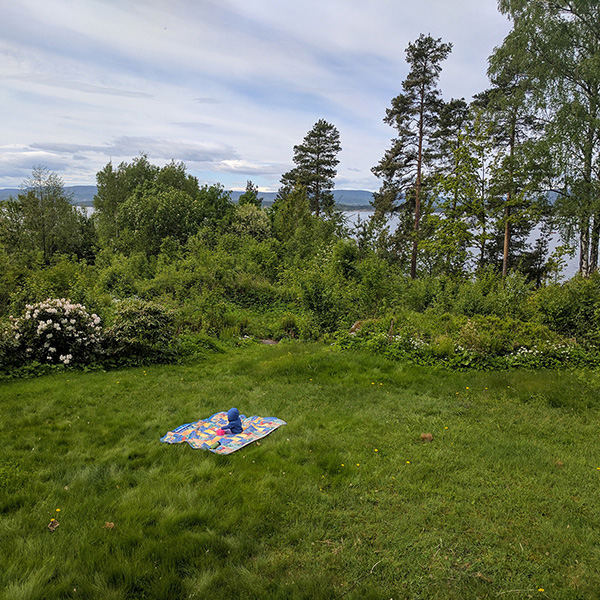 A baby sits on a carpet in the grass.
